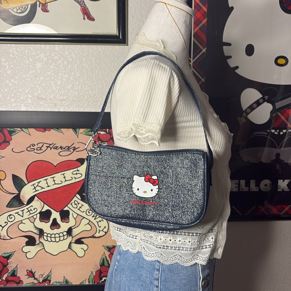 Hello Kitty Denim Shoulder Bag Baguette Purse Sanrio Indie Kawaii Mini Bag